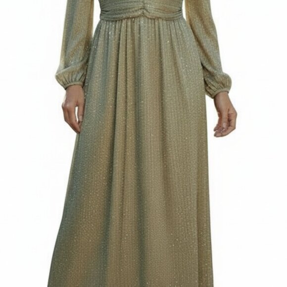 Carla Conti Shimmering Gold Maxi Dress V-Neck Long Sleeve Formal Gown Party XL - Picture 5 of 12